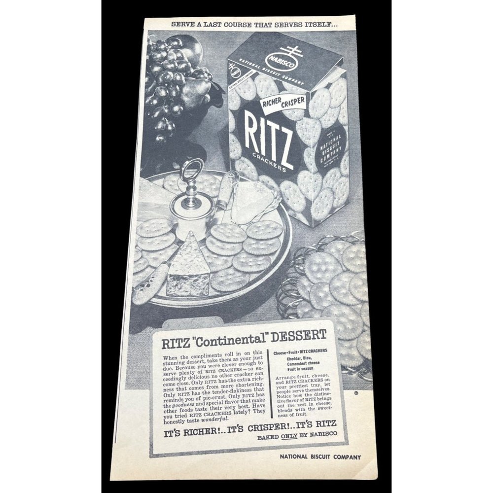 Nabisco Ritz Crackers Vintage Print Ad 1954 Continental Dessert Recipe
